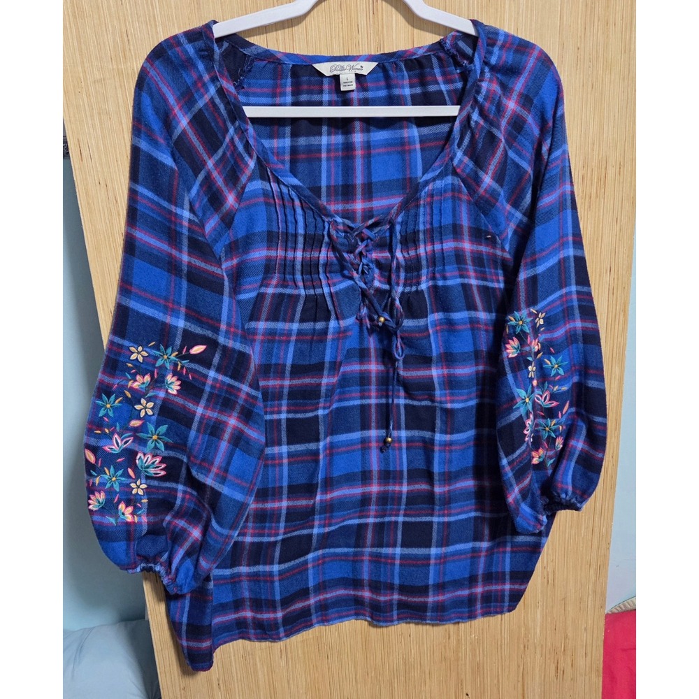 The Pioneer Woman Blue Plaid Floral Embroidered Lace Up Peasant Top Large